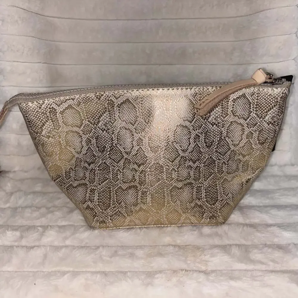 NWT Consuela Leah Large Tool Kit Cosmetic Bag Gold Metallic Snake Print